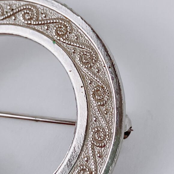 VTG Mid Century Brooch Silver Tone Rhinestone Fx Pearl Circle Wreath Pin 40s 50s - Picture 8 of 9